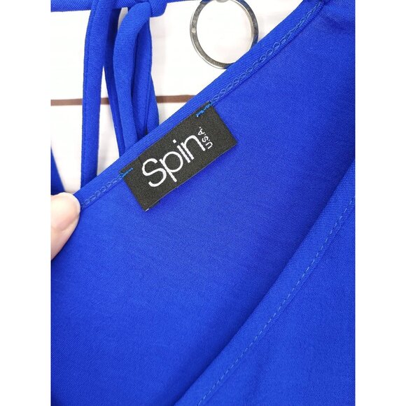 Boutique Flowing Blue Ruffled Kaftan Dress With V-Neck & Tie Back High Low - Picture 4 of 11